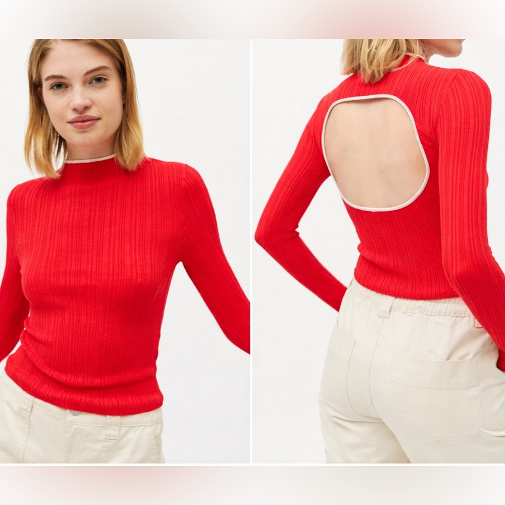 BDG Urban Outfitters Red Ribbed Kiara Mock Neck Long Sleeve Top Cut Out Back